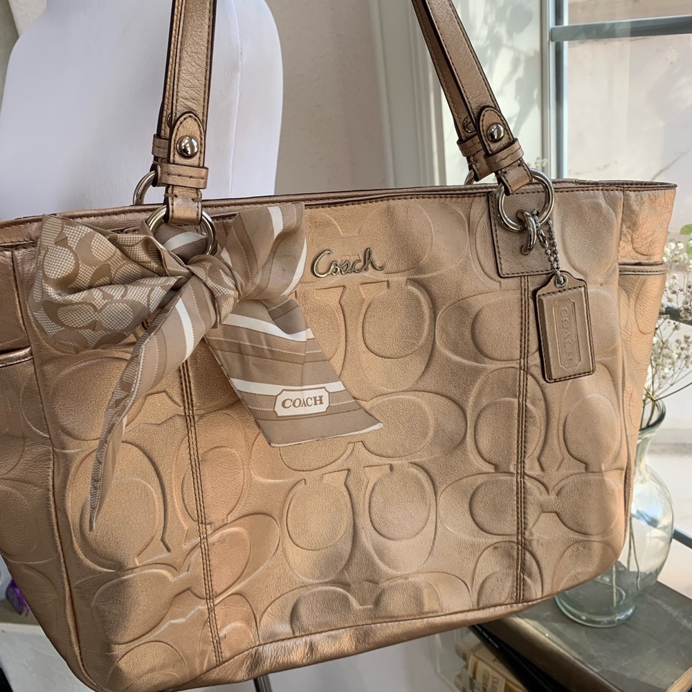 Coach Scarf Metallic Rose Gold Leather Tote bag